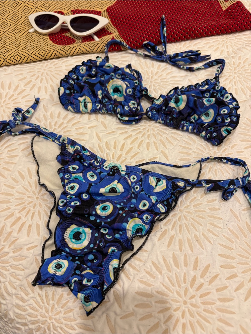 Brazilian Blue Evil Eye Patterned Side Tie String Bikini Set - Picture 3 of 7